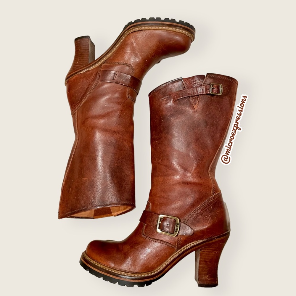 $388 Frye Mildred Brown English Engineer Leather Buckled Heeled Riding Boots